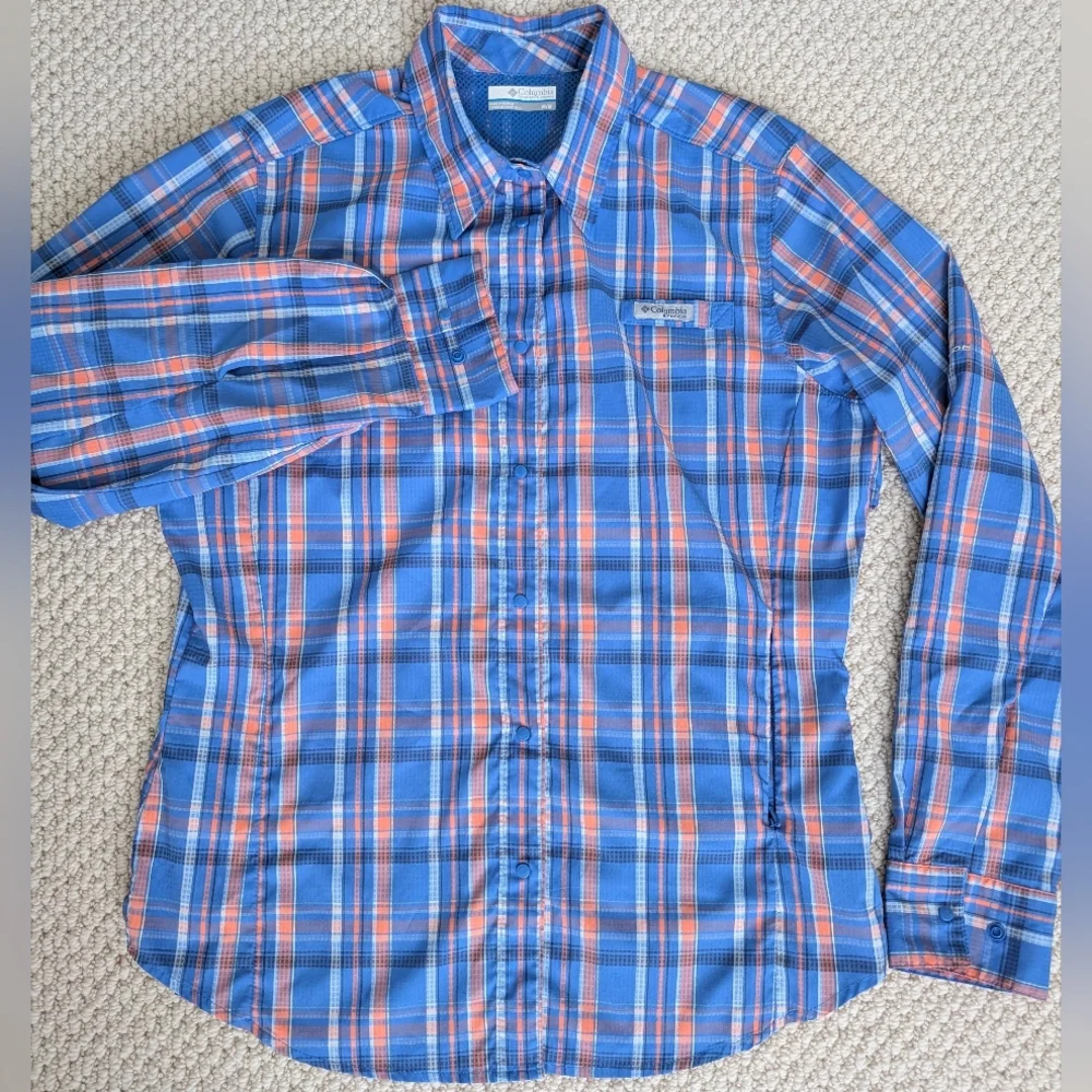 Columbia PFG Omni-Shade Long Sleeve Shirt Women's M Blue Coral Pink Plaid - Picture 9 of 16